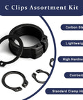 Ultimate C Clip Assortment Kit With 15 Sizes M4 To M28 In BlackCarbon Steel shown with features like lightweight and corrosion resistance.