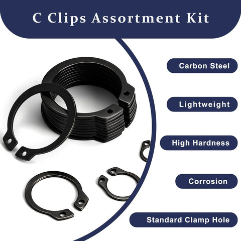 Ultimate C Clip Assortment Kit With 15 Sizes M4 To M28 In BlackCarbon Steel shown with features like lightweight and corrosion resistance.