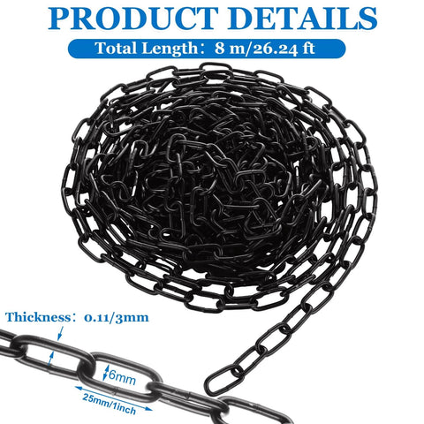26.24 ft Length Black Chain Link, 1/8 Inch Carbon Steel Chain, Heavy Duty Coil Chain, Metal Porch Swing Chains for Home Outdoor