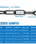 Diagram showing dimensions of a black chain: 25mm/1inch length, 6mm width, and 0.11/3mm thickness with max loads.