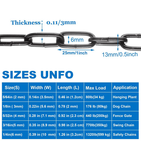 Diagram showing dimensions of a black chain: 25mm/1inch length, 6mm width, and 0.11/3mm thickness with max loads.