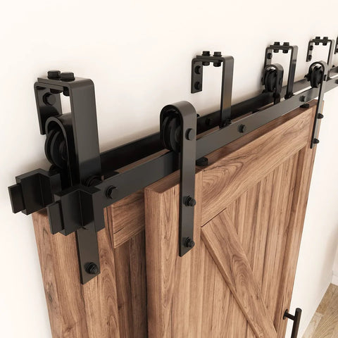 Double Track Bypass Sliding Barn Door Hardware Kit for Two Doors installed on a wooden door, showing black steel track and J shape hanger