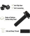 Close-up of black hex flange bolt with washer showing anti-slip and anti-loosening features from Nuts And Bolts Assortment Kit 272 Pieces.