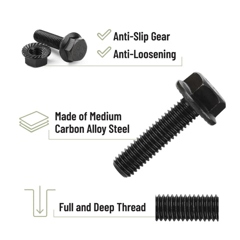 Close-up of black hex flange bolt with washer showing anti-slip and anti-loosening features from Nuts And Bolts Assortment Kit 272 Pieces.