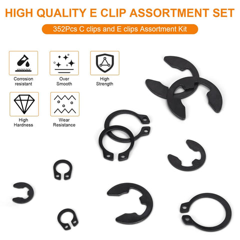 352 Piece Retaining Ring Assortment Kit With E Clips And External C Clips For DIY Projects And Repairs, black carbon steel rings display.