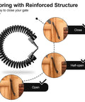 Diagram of 14" Fence gate Spring self Closing and Adjustable for Wooden or Vinyl Fence, Carbon Steel, Black showing open and closed positions.