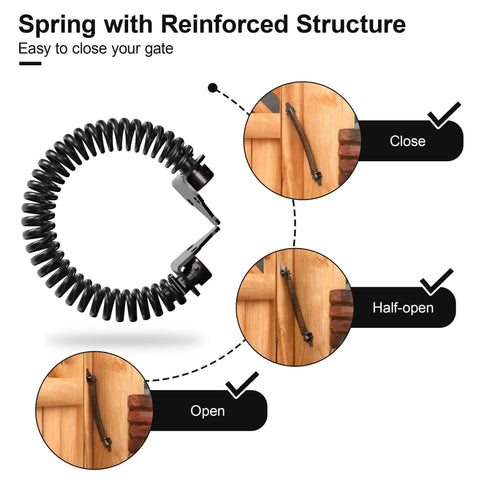 Diagram of 14" Fence gate Spring self Closing and Adjustable for Wooden or Vinyl Fence, Carbon Steel, Black showing open and closed positions.
