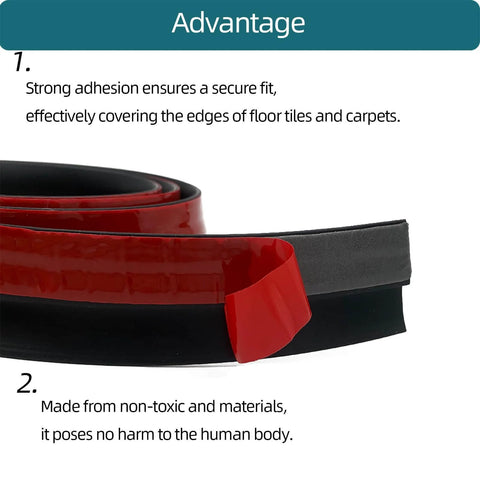 Close-up of Carpet Floor Transition Strip, self-adhesive black trim with red backing, suitable for carpet to tile transition within 5mm.