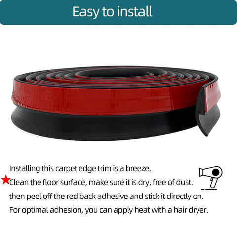 Carpet Floor Transition Strip, Self-Adhesive Carpet to Tile Transition Edging Trim in Black, 20Ft, showing installation details