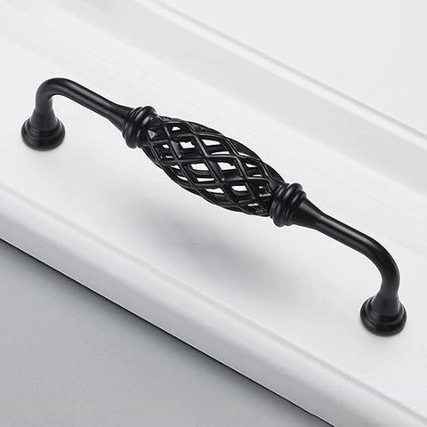 Four Pack Birdcage Style Cast Iron Antique Cabinet Hardware Handles With Center Hole Mount for Kitchen Cabinets, Black Finish
