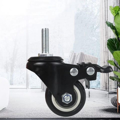 Side view of one Four Pack 1.5 Inch Heavy Duty Caster Wheels Swivel Casters With Brake And M8 Threaded Stem on a hard floor