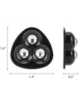 Close-up view of black self-adhesive caster wheels, 1.4 inches wide, for countertops and kitchen appliances, side and top views with measurements.