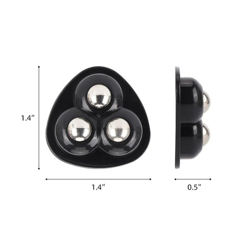 Close-up view of black self-adhesive caster wheels, 1.4 inches wide, for countertops and kitchen appliances, side and top views with measurements.