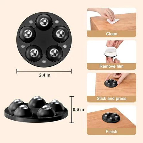 Self Adhesive Mini Caster Wheels 360 Degree Swivel Mute Universal Wheel Rollers with installation steps, black, 2.4 inch, 4 pack.