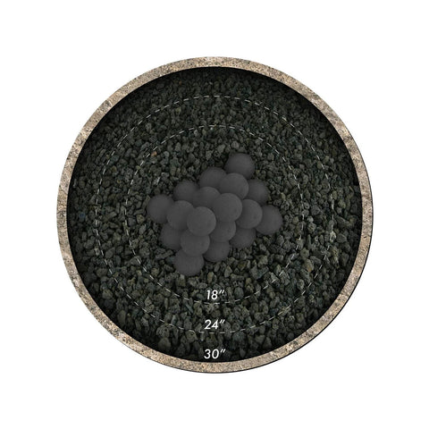 Top view of 3 Inch Ceramic Fire Balls 20-Pack Modern Accessory for Fire Pits on gravel base, Brushed Concrete Look, Midnight Black.