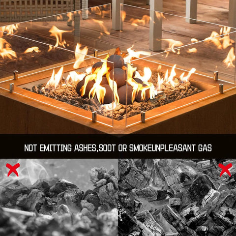 Outdoor gas fire pit with burning Ceramic Fire Balls for Fire Pit, Set of 12 Round Fire Stones Reusable Fireplace Ball in decorative setup.