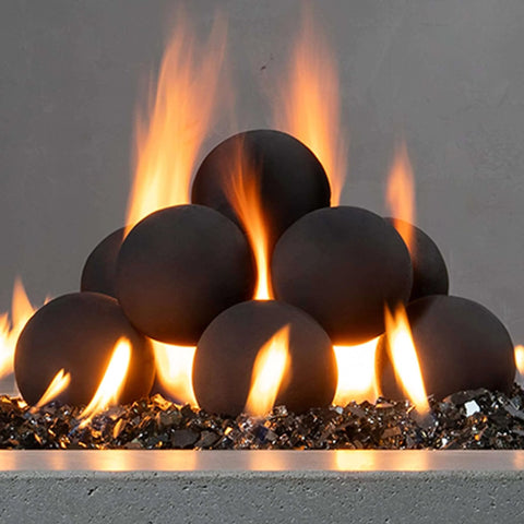 12-Pack Black Ceramic Fire Balls in use with flames, for Fireplace or Fire Pit, suitable for Outdoor & Indoor, Decorative Landscaping, Natural Gas fires.