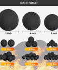 Ceramic Fire Balls for Fire Pit, Set of 12 Round Fire Stones Reusable Fireplace Ball for Gas Fireplace or Indoor and Outdoor Fire Pits Accessory, 4-inch black balls displayed with multiple size options and pack quantities.