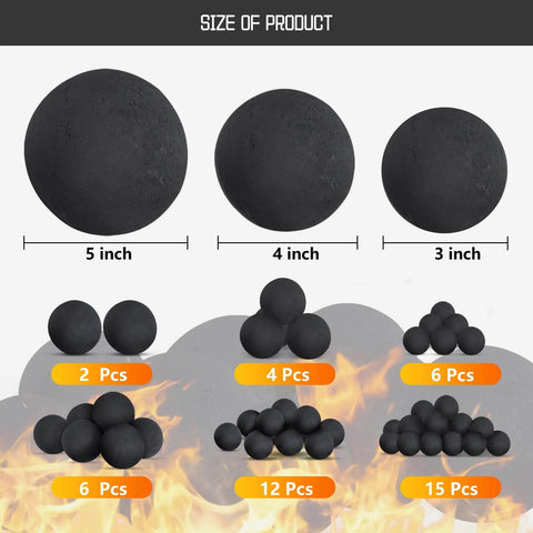 Ceramic Fire Balls for Fire Pit, Set of 12 Round Fire Stones Reusable Fireplace Ball for Gas Fireplace or Indoor and Outdoor Fire Pits Accessory, 4-inch black balls displayed with multiple size options and pack quantities.