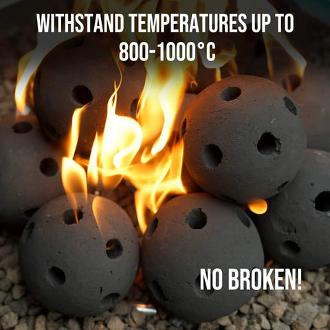 Hollow Ceramic Balls, Set of 12 Round Fire Stones Set for Indoor and Outdoor Fire Pits or Fireplaces Accessory, 4 Inch, Black with flames