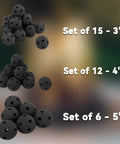 Hollow Ceramic Balls, Set of 12 Round Fire Stones Set, 4 Inch, Black, for Fire Pits and Fireplaces, shown in different sizes