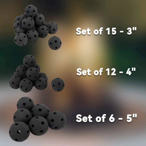 Hollow Ceramic Balls, Set of 12 Round Fire Stones Set, 4 Inch, Black, for Fire Pits and Fireplaces, shown in different sizes