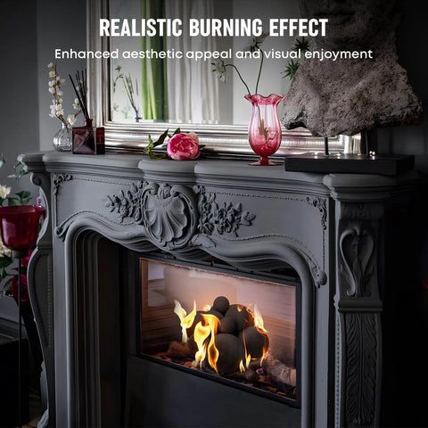 12 Pack Ceramic Balls, Mixed of 4 Size Fireplace Balls in use, black ceramic creates modern fireplace aesthetic with realistic flames.