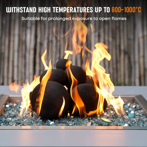 12 Pack Ceramic Balls, Mixed of 4 Size Fireplace Balls burning with flames in an outdoor fire pit, high-temperature black ceramic.