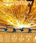 High quality 1/4'' × 19.68Ft Black Chain Link, 6M Heavy Duty Metal Chain Links, sparks background, product benefits icons.