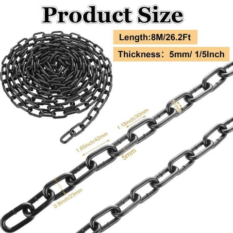 ✝️ 1/5'' x 26.2Ft Long Black Chain Link Heavy Duty Porch Swing Chain, Carbon Steel Coil Chain shown in coiled and detailed views
