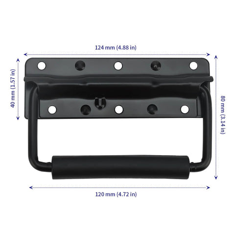 Front view of 10 Pack Black Spring Loaded Case Handles Folding Surface Mount Chest Handles With Rubber Grip For Flight Cases And Cabinets 124 By 80 Millimeter Durable Iron Construction Rust Resistant Finish Indoor And Outdoor Use.