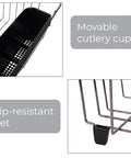 Close-up of Small Dish Drainer Rack - Chrome/Black - 14 x 12.5 x 5.5 inches, showing the movable cutlery cup and slip-resistant feet.