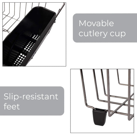 Close-up of Small Dish Drainer Rack - Chrome/Black - 14 x 12.5 x 5.5 inches, showing the movable cutlery cup and slip-resistant feet.