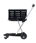 Side view of Original German Made Collapsible Cart With Storage Crate Multiuse Folding Trolley For Shopping Hotels Catering Warehouse And Food Service Lightweight Aluminum Frame With Durable Polypropylene Cargo Box Black