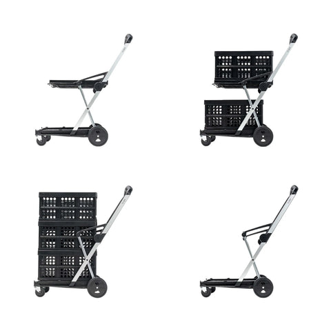 Original German Made Collapsible Cart With Storage Crate Multiuse Folding Trolley showing aluminum frame and black polypropylene cargo box