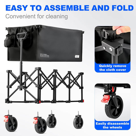 Large 200L Collapsible Wagon Cart With 440 Pounds Weight Capacity And Built In Brake, foldable utility wagon shown disassembled and folded