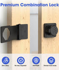 Mechanical Password Rotary Hasp Locks installed on wooden door, showcasing combination feature with no key access, black finish.