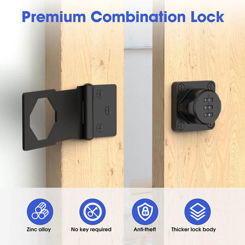 Mechanical Password Rotary Hasp Locks installed on wooden door, showcasing combination feature with no key access, black finish.
