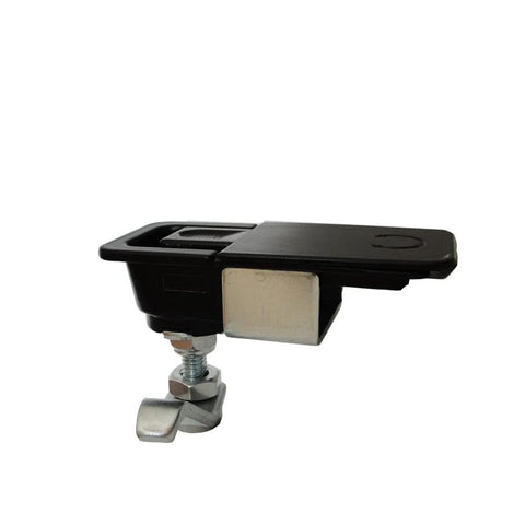 Two piece compression latch with flush sealed lever, lift and turn adjustable grip in black, crafted from steel and zinc alloy