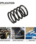 10 Pack Black Compression Springs, 1.2mm Wire, 12mm Outer Diameter, 15mm Free Length, Spring Steel Build, shown with application examples