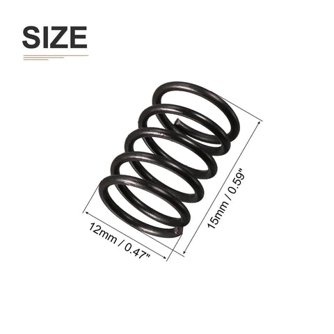 10 Pack Black Compression Springs, 1.2mm Wire, 12mm Outer Diameter, 15mm Free Length, Spring Steel Build shown from side