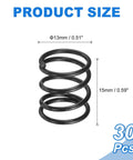 30 Pack Compression Springs 13Mm OD, 1.2Mm Wire Size, 15Mm Free Length, Spring Steel Construction, black finish, shown in size chart