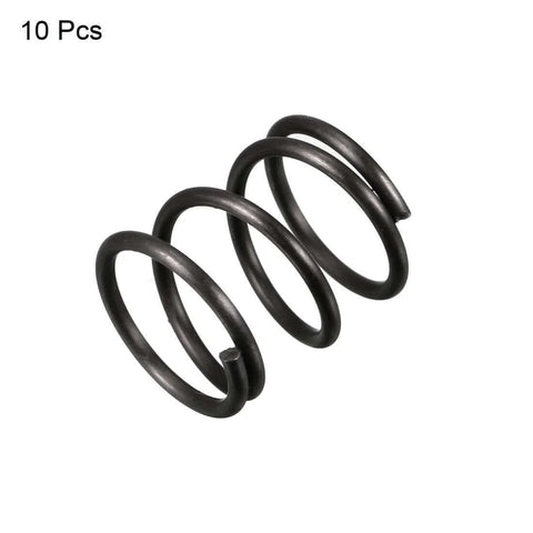 10 Pack Black Compression Spring, 13mm Outer Diameter, 1.2mm Wire, 15mm Free Length, Heat Treated Spring Steel With Rust Resistant Oil Finish For Durable Performance In DIY, Hobby, And Small Machinery Projects. Single black compression spring on white background.