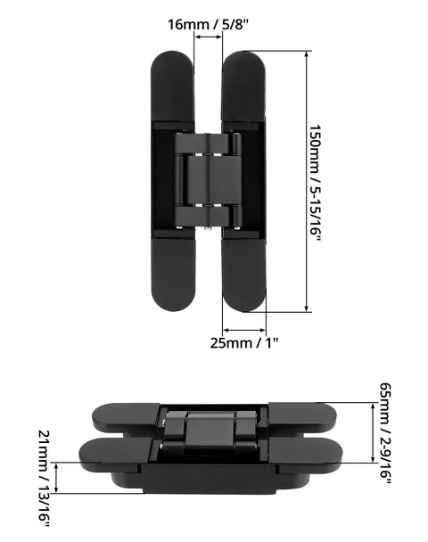 Hidden Door Hinges 2 Pack, 6 Inch Adjustable Concealed Hinges For Doors Up To 50mm Wide And 35mm Thick, Zinc Alloy Black Finish, dimensions