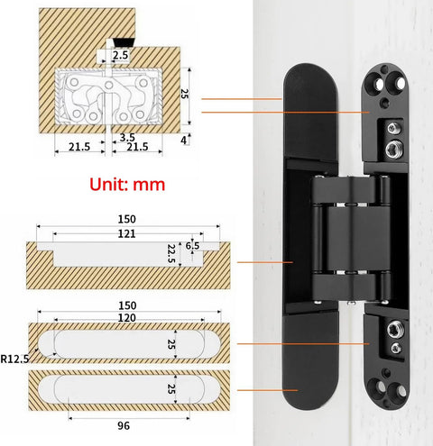QWORK hidden door hinges, 2-pack, 6-inch zinc alloy, for doors up to 50 mm wide and 0–35 mm thick.