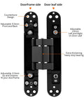 Hidden Door Hinges 2 Pack, 6 Inch Adjustable Concealed Hinges, Zinc Alloy Black Finish, visible with labels showing adjustability features.