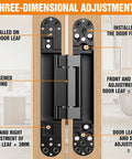Concealed Hidden Door Hinge Set for Invisible Doors and Feature Walls, Size 9.7 x 3.3 x 1 Inch, showing three-dimensional adjustment