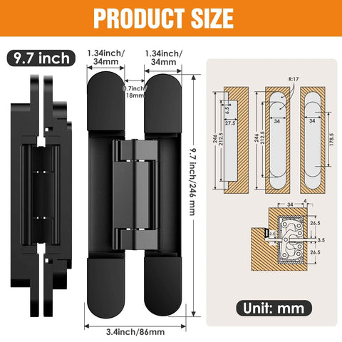 Diagram of Concealed Hidden Door Hinge Set for Invisible Doors and Feature Walls, Size 9.7 x 3.3 x 1 Inch, 9.7 Inch Hinges