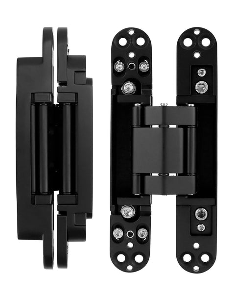 Side and front view of Hidden Door Hinges 2 Pack, 6 Inch Adjustable Concealed Hinges Zinc Alloy Black Finish