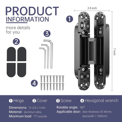 Seamless Hidden Door Hinges Set 7 Inch, 4 Pack Concealed Zinc Alloy 180 Degree Swing, 3 Way Adjustable Butt Silent Hinges, Black Finish